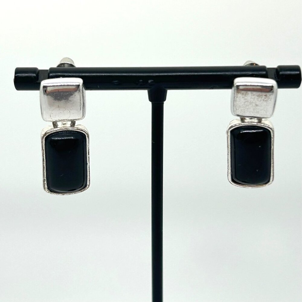 Liz Claiborne Vintage Silver-Tone Drop Earrings With Black Acrylic Rectangle Acc